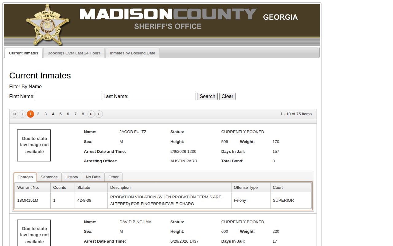 Madison County released inmate and prior booking search